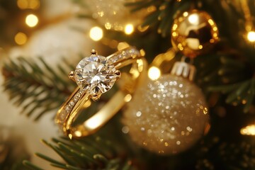 A gold diamond ring elegantly hanging on a Christmas tree branch, surrounded by sparkling ornaments and lights.