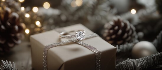 A diamond engagement ring placed on a gift box, surrounded by pinecones and Christmas decorations.