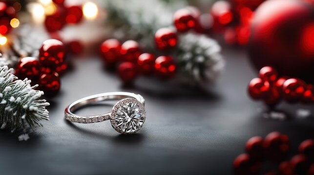 A diamond ring displayed with red Christmas ornaments and a snowy, festive background.