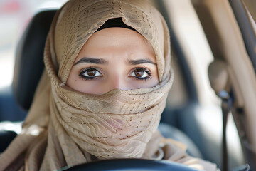 A woman wearing a scarf is driving a car