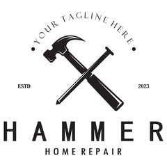 retro vintage crossed hammer and nail logo for home repair services, carpentry, badges, builders, woodworking, construction, vector