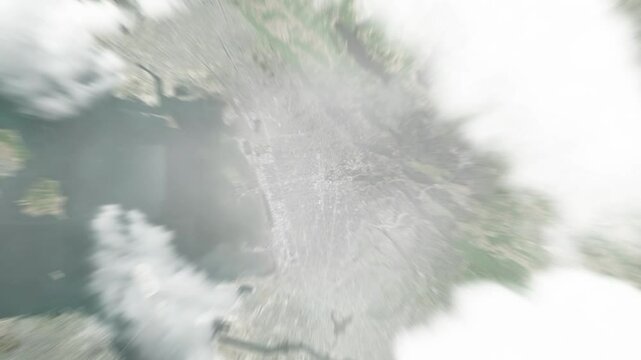 Earth zoom in from space to Berkeley, California, USA. Followed by zoom out through clouds and atmosphere into space. Satellite view. Travel intro. Images from NASA