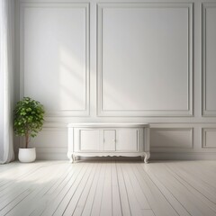 White Cabinet Against White Wall with Paneled Molding