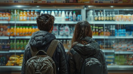 Fototapeta premium Young couple in black with white backpacks in a grocery store, pondering over beverages in fridge.
