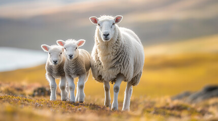 Obraz premium A sheep is walking on a prairie with two lambs next to her, white-haired and clean-eyed, with a blurry background,