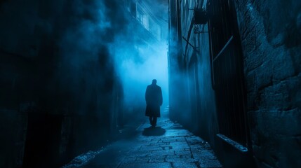 52. A dark alley with a shadowy figure lurking, surrounded by eerie mist