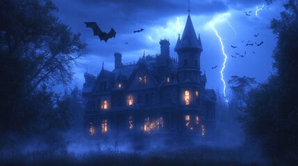 57. A haunted mansion with bats flying overhead, with lightning illuminating the sky