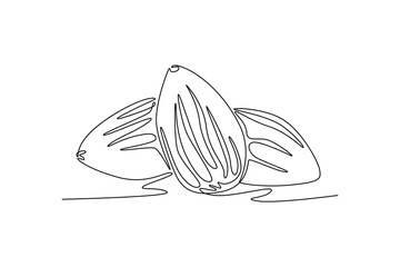 Single one line drawing whole healthy organic freshness almonds group for garden logo identity. Fresh edible seed concept for fruit icon. Modern continuous line draw design graphic vector illustration