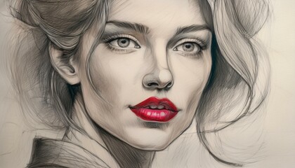 Fototapeta premium Retro abstract sketch of a young woman lipstick color, closeup.