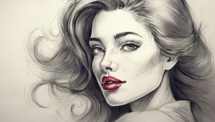 Fototapeta premium Retro abstract sketch of a young woman lipstick color, closeup.