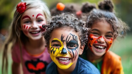 82. A group of kids with painted faces, laughing and playing at a Halloween carnival