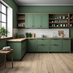 Fototapeta premium Modern Green Kitchen with Wooden Countertop and Cabinetry