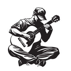 Music man sitting and play guitar silhouette Vector Image isolated on white background