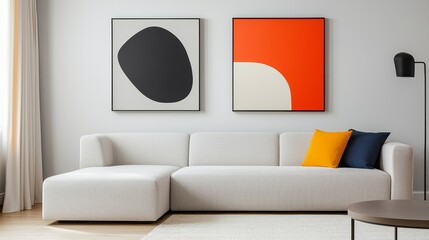 A stylish living room with a sectional sofa, abstract art, and a bold color palette