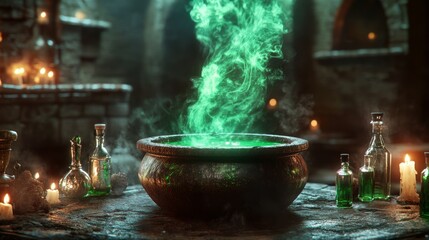99. A close-up of a witchâ€™s cauldron with green smoke rising, surrounded by potion bottles and candles