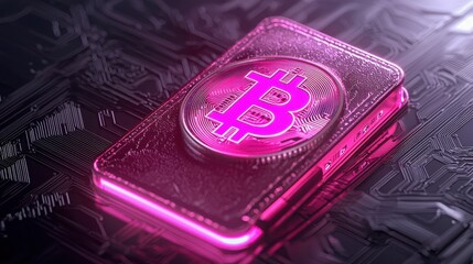 A modern smartphone displaying a glowing Bitcoin symbol, set against a high-tech circuit board backdrop, symbolizing digital currency.