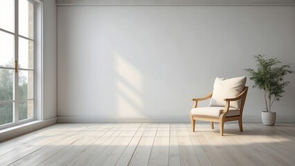 Minimalist Interior with a Single Wooden Chair and Plant