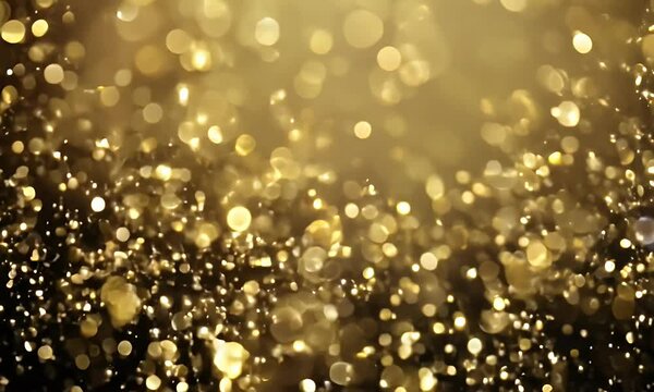 A cascading burst of golden bokeh glitter, with shimmering particles expanding outward in a radiant explosion on a dark backdrop.