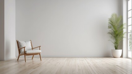Minimalist Living Room Interior with White Chair, Plant, and Wooden Floor