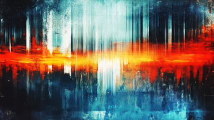 Grunge abstract background. Damaged screen. Orange and blue glitch color static noise. Scratched texture overlay on black background 