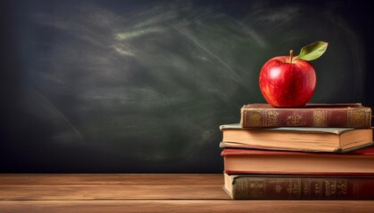 Classroom Nostalgia: Books and Red Apple with Blank Chalkboard