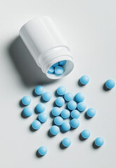 lue pills spilling out of a white bottle on a white background. Sexual enhancer pill concept 