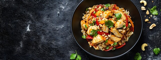 Dish of Thai food with chicken, rice, and nuts on a dark background, top view banner. Spicy and aromatic. Asian cuisine concept.