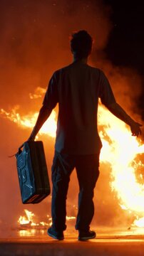 Vertical Screen: Male Arsonist with a Gasoline Can Ignites a Vehicle, Causing a Massive Fire. Bright Yellow Flames Engulf the Car, Creating a Dramatic and Dangerous Scene at Night. Cinematic Footage
