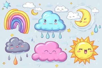 Cloud rain weather cartoon cute set. Cloud, sun, moon weather character with smile and angry face. Hand drawn doodle sketch style. Rainbow, wind, tornado doodle character. Generative Ai