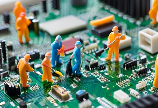 Miniature Workers Cleaning a Circuit Board.