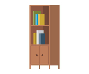 A brown wooden bookshelf with various colored books on the shelves, featuring a minimalistic design.