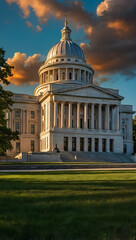 Obraz premium The U.S. Capitol building in Washington, D.C., showcasing its iconic dome and neoclassical architecture against a clear sky. 