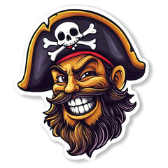 Fototapeta premium Sticker with a head of a cheerful pirate in a hat. Isolated on a white background