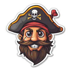 Sticker with a head of a cheerful pirate in a hat. Isolated on a white background