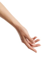 Female elegant hand, relaxed open fingers upwards, isolated on white