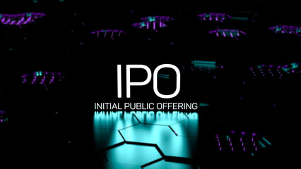 IPO Initial Public Offering glowing text,neon word on blurred background. IPO business concept, wallpaper.3D render