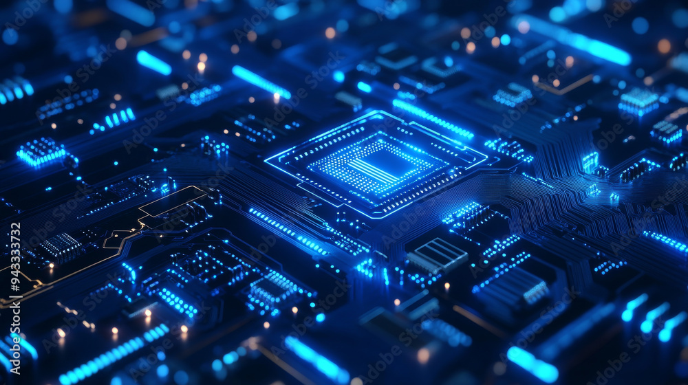 Poster abstract ai circuit board backdrop. technological layout featuring interconnected blue lines with el