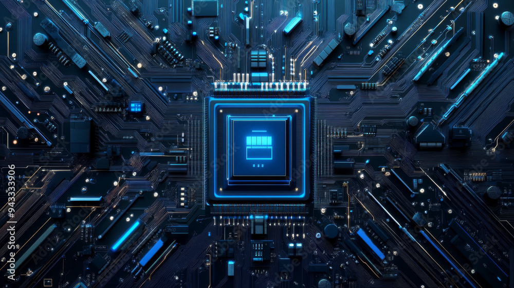 Poster abstract ai circuit board backdrop. technological layout featuring interconnected blue lines with el