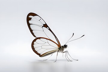 A delicate glasswing butterfly with translucent wings on a white background, AI Generated