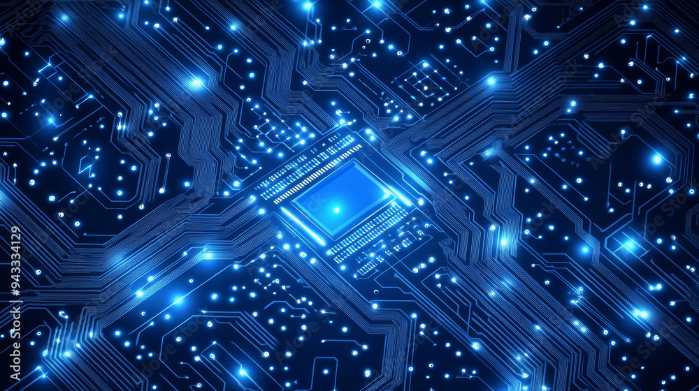 Poster abstract ai circuit board backdrop. technological layout featuring interconnected blue lines with el
