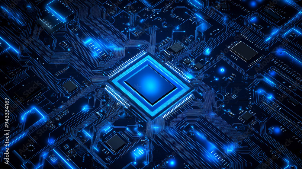 Poster abstract ai circuit board backdrop. technological layout featuring interconnected blue lines with el