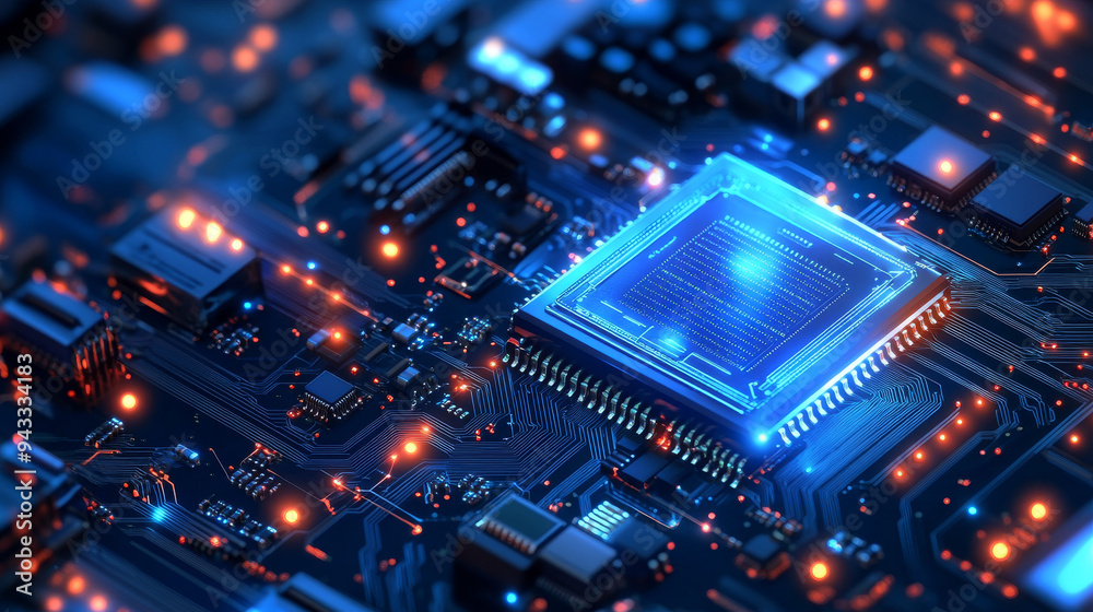 Poster abstract ai circuit board backdrop. technological layout featuring interconnected blue lines with el