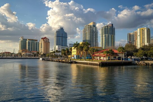 Iconic Skyline: Vibrant St. Petersburg, Florida Bayfront with Landmark Pier and Sailboat Silhouettes