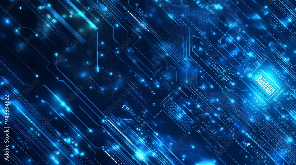 Poster abstract ai circuit board backdrop. technological layout featuring interconnected blue lines with el