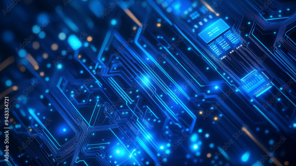 Poster abstract ai circuit board backdrop. technological layout featuring interconnected blue lines with el