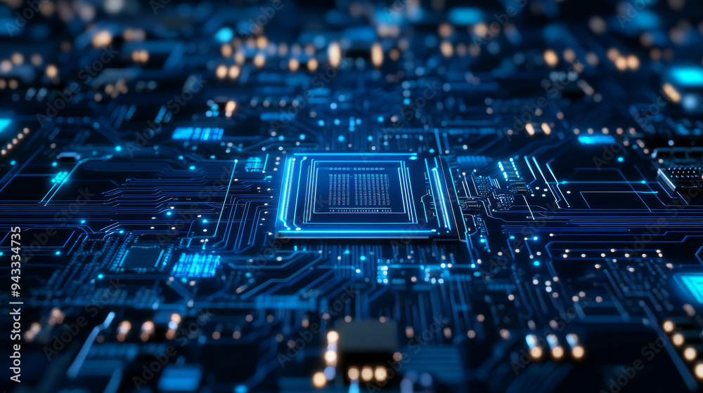 Poster abstract ai circuit board backdrop. technological layout featuring interconnected blue lines with el