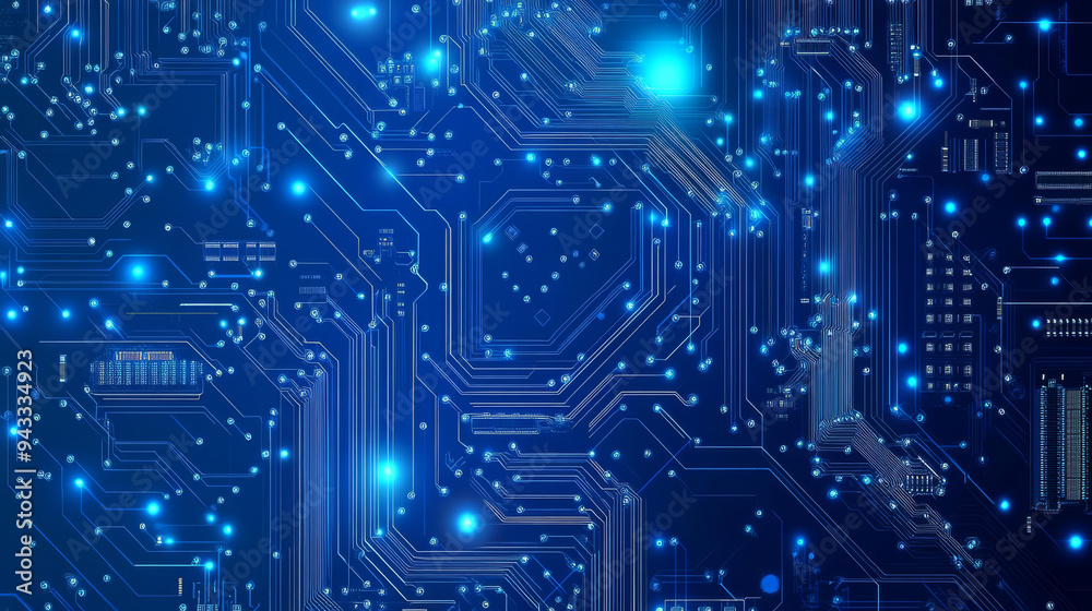 Poster abstract ai circuit board backdrop. technological layout featuring interconnected blue lines with el