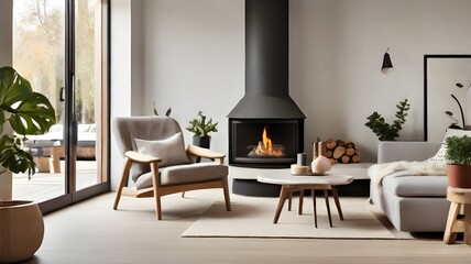 Fototapeta premium A Scandinavian-style home's living area featuring a fireplace