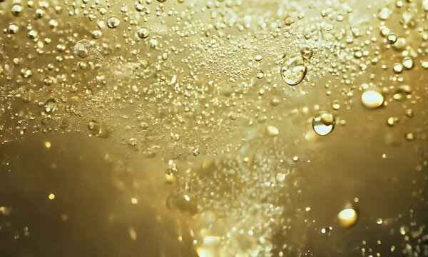 A sudden burst of champagne bubbles exploding outward, with tiny droplets and sparkling foam drifting into the black background.