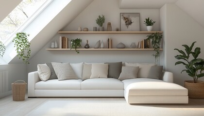 Fototapeta premium scandinavian interior design of modern living room with corner sofa